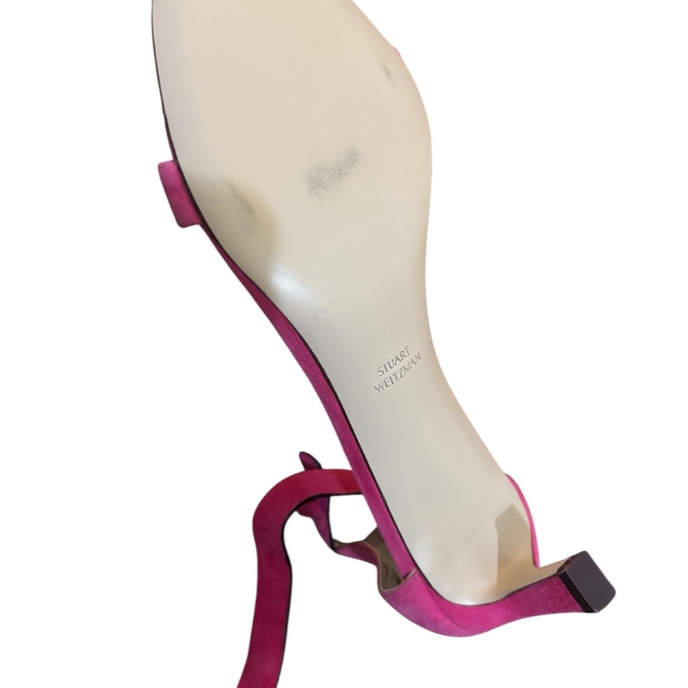 Pink Suede Open-Toe Heel Sandals with Metallic Bow Accent - Picture 4 of 5